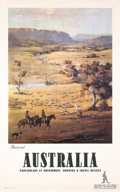 there is a poster about australia with horses and people in the distance, including mountains