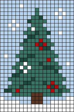 a cross stitch christmas tree with red and white dots on the bottom, in green and blue