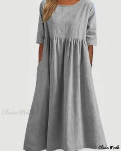 OliviaMark - Premium Relaxed Fit Cotton Linen Dress with Crew Neck and 5/4 Sleeves - Long, Elegant, and Solid Color Casual Gray Midi Dress For Spring, Gray Casual Dress With Relaxed Fit, Casual Gray Relaxed Fit Dress, Gray Relaxed Fit Casual Dress, Gray Knee-length Solid Color Dress, Gray Knee-length Solid Dress, Spring Gray Shift Dress, Casual Gray A-line Midi Dress, Gray Solid Color Knee-length Dress