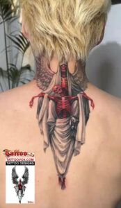 the back of a woman's neck with tattoos on it