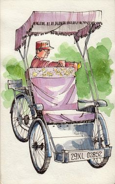 a drawing of a man driving a cart with food on the front and back wheels