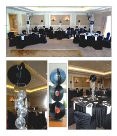 several different pictures of black and white tables in a room with lights on the ceiling