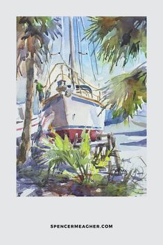 a painting of a boat in the water next to some palm trees and other plants