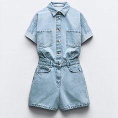 Zara Short Denim Jumpsuit Size Xsmall New With Tags 100% Cotton Perfect Condition Never Worn, Just Too Big On Me. Completely Sold Out On Website. Orginally $50.00 Denim Playsuit, Collar Jumpsuit, Zara Jumpsuit, Zara Shorts, Short Denim, Strapless Jumpsuit, Denim Romper, Striped Jumpsuit, Zara Pants