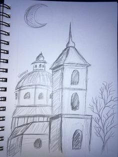 a drawing of a church with a moon in the background