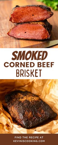 smoked corned beef brisket on a cutting board with text overlay that reads smoked corned beef brisket