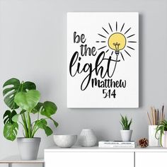 a white wall with some potted plants on it and a light bulb in the middle