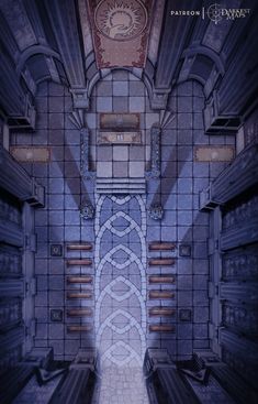 an aerial view of a hallway with stairs and a clock on the wall above it