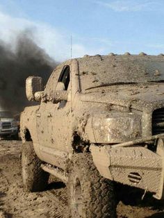 there is a truck in the mud with words on it