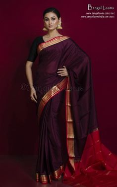 Mysore Crepe Pure Silk Saree in Wine, Red and Brush Gold Pattu Saree Blouse Designs, Sarees Collection, Kanjivaram Sarees, Banarasi Sarees, Pure Silk Sarees