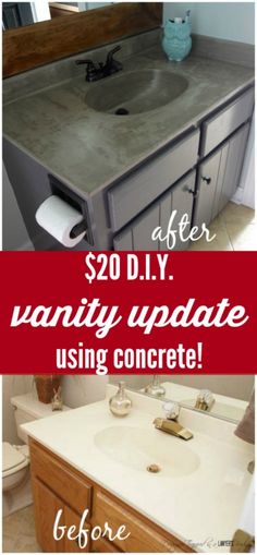 a bathroom vanity with concrete counter tops and the words, update your vanity with concrete for less than $ 20