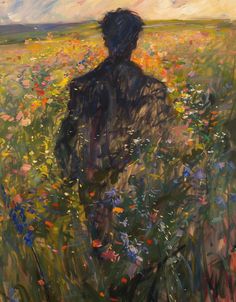 a painting of a person standing in a field with wildflowers and clouds behind them