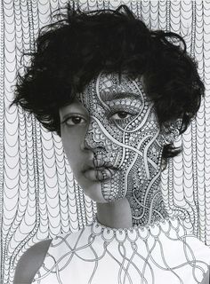 an image of a woman's face with intricate designs on her body and neck