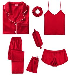 PRICES MAY VARY. 【Package Including】--- 7 Pcs Women Silk Satin Pajamas Set included: Camisole Top*1, Cute Shorts*1, Short Sleeve Shirt*1, Long Pant*1, Hair band*1, Eye mask*1, Pajamas Storage bag*1 【Premium Material】--- This women pajama set is made of high-quality satin(95% Polyester, 5% Spandex), which is very soft, lightweight, and comfortable. The whole pajamas set you can wear almost anywhere anytime is a casual and relaxing time, women silky pjs set is a must-have in your daily live. 【7Pcs Shorts Pjs, Satin Pjs, Silk Pjs, Pjs Set, Red Pajamas, Loose Fitting Pants, Satin Sleepwear, Pajamas Sets, Satin Pyjama Set