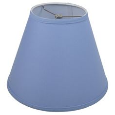 a light blue lamp shade with a silver metal hook on it's end and a white background