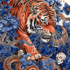 a painting of a tiger surrounded by blue flowers