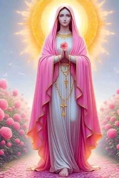 an image of the virgin mary with flowers in her hand and sun above her head