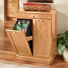 a wooden cabinet with some trash cans in it