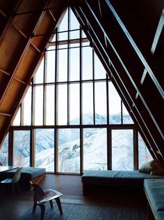 a loft with large windows overlooking the mountains