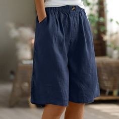 high waisted straight leg pants. Women's High Waisted Shorts Linen Wide Leg Pants Linen Wide Leg Pants Smocked High Waist/Wide Leg/Loose Fit/With Pockets 92% Polyester, 8% Spandex--Nice Details--Just to make you more comfortable You can pair with crop top, cami, sandals, slippers to make a casual comfy style, or pair with high heels to make a chic look. capri pants for women, womens capris for summer, womens capris, capris pants for women, plus size capris for women, wide leg yoga pants for wome Linen Shorts Women, Shorts Linen, Leg Yoga, Shorts Workout, Pants Linen, Christian Fashion, Solid Color Pants, Sandals Slippers, Knee Length Shorts