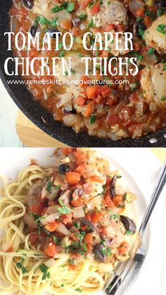 two pictures showing different types of food in the same pan, one with pasta and another with chicken thighs