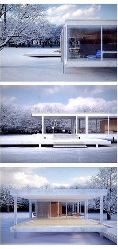 three different views of the inside and outside of a building with snow on the ground