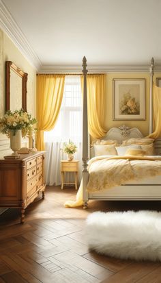 a bedroom with yellow drapes and white bedding, wooden flooring and large windows