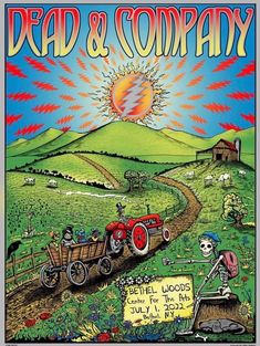 a poster for dead and company with skeletons riding in a wagon on the side of a road