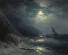 a painting of a ship in rough seas at night