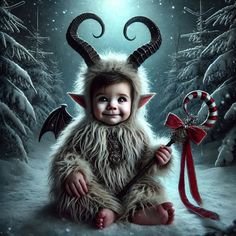 a baby dressed as a demon sitting in the snow next to a candy cane and christmas decorations