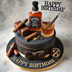 a birthday cake with liquor and cigars on it