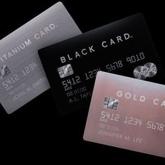 three credit cards with the words, black card and gold card on them are in front of a black background