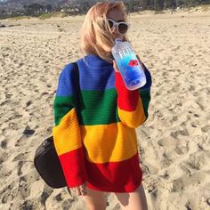 Free Shipping~|| Rainbow Stripe Color Block Knit Jumper Sweater Rainbow Jumper, Mars Argo, Come Undone, Uzzlang Girl, Fashion Materials, Dolce E Gabbana, Round Neck Sweaters, Grunge Style, Mode Vintage