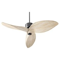 a ceiling fan that is made out of wood and has two blades attached to it