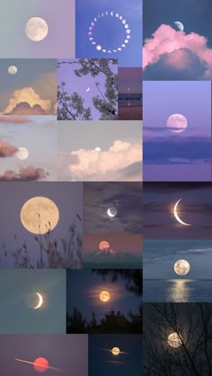 many different images of the moon and clouds