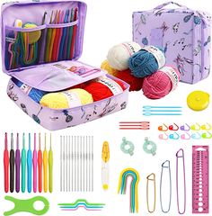 an assortment of knitting supplies including crochet hooks, needles, scissors and more