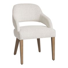 a white chair with wooden legs and a light colored upholstered armrests