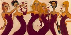 four women in red dresses holding wine glasses