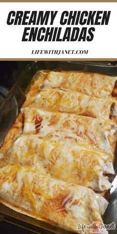 a pan filled with cheesy chicken enchiladas