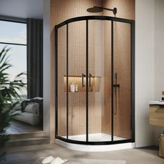 a bathroom with a corner shower stall