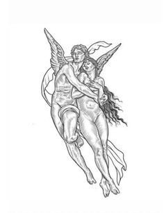 a drawing of an angel holding a woman