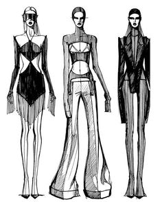 three women's fashions on the runway, one in black and white ink