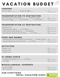 a travel budget sheet with the words vacation budget written in black and white on it