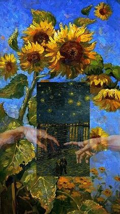 two hands reaching for a sunflower in front of a blue sky with clouds and stars