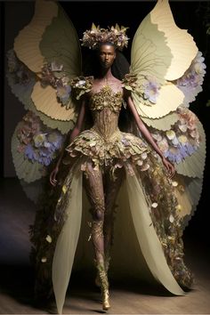 a woman in a costume made out of paper flowers and leaves is standing with her hands on her hips