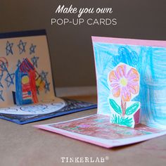 two pop up cards on a table with the words make you own pop - up cards