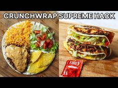 two different types of food on a cutting board with the words crunchwrap supreme hack