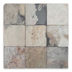 several different types of stone tiles arranged in a square pattern on a white background, including brown and gray colors