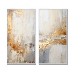 two paintings with gold and silver paint on them