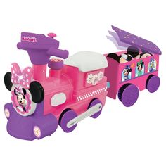 a pink and purple toy train with minnie mouse